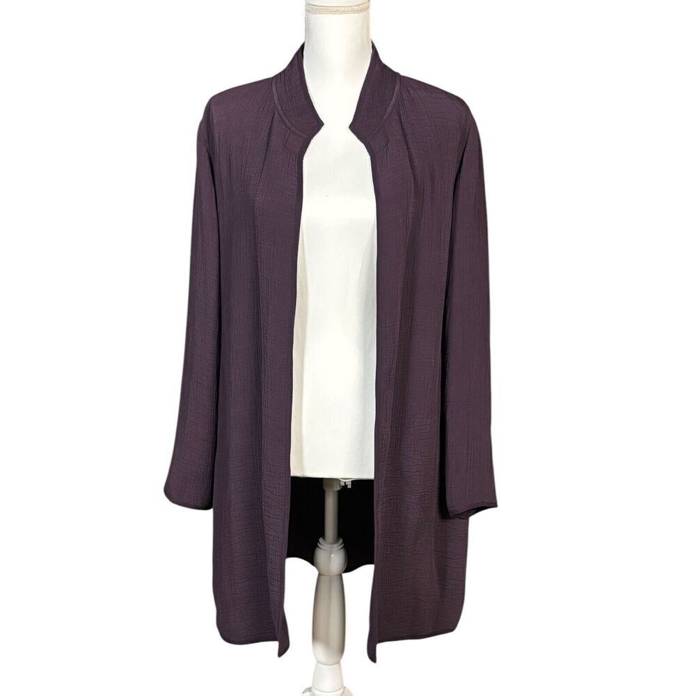 Eileen Fisher Open Front Jacket Blazer Size Medium Silk Purple Long Duster